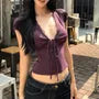 Short-Sleeve V-Neck Plain Lace Trim Cropped T-Shirt