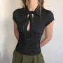 Short Sleeve Tie Collar Dotted Ruched Corset Crop Top