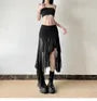 Mid Rise Sheer Panel Asymmetrical Hem Slit Midi Pencil Skirt