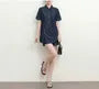 Set: Short-Sleeve Collared Asymmetrical Contrast Stitched Ruched Button-Up Blouse + High Waist Wide Leg Shorts