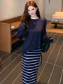 Long-Sleeve Crew Neck Plain T-Shirt / High Waist Striped Maxi Pencil Skirt