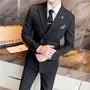Set: Peak Lapel Striped Double-Breasted Blazer + Mid Rise Cropped Straight Leg Dress Pants + V-Neck Vest