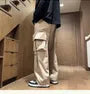 [M] Drawstring Waist Plain Wide Leg Cargo Pants
