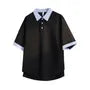 Mock Two-Piece Elbow-Sleeve Striped Panel Polo Shirt