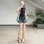 High Waist Washed Denim Mini A-Line Skort
