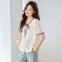 Short-Sleeve Flower Embroidered Bow Blouse