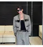 Set: Shawl Collar Melange Panel Faux Leather Open Front Jacket + Mid Rise Wide Leg Pants