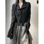 Long-Sleeve V-Neck Plain Asymmetric Hem Ruched Shirt
