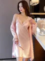 Set: Spaghetti Strap V-Neck Plain Lace Trim Nightdress + Pajama Robe