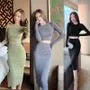 Set: Long-Sleeve Cropped T-Shirt + High Waist Midi Pencil Skirt
