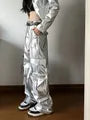 Band Collar Plain faux Leather Zip Jacket / Crop Camisole Top / Mid Rise Wide Leg Cargo Pants / Belt / Set